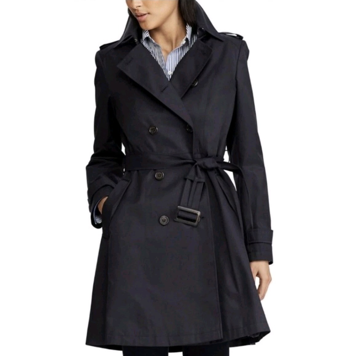 Ralph Lauren Double Breasted Maxi Trench Coat Jacket Dark Navy Xxl Buckle Pocket